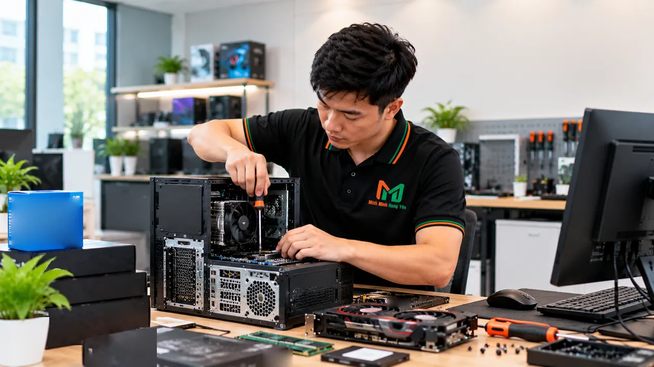 Kỹ thuật viên áo polo đen lắp tản nhiệt CPU vào thùng máy, linh kiện và hộp mainboard bày trên bàn