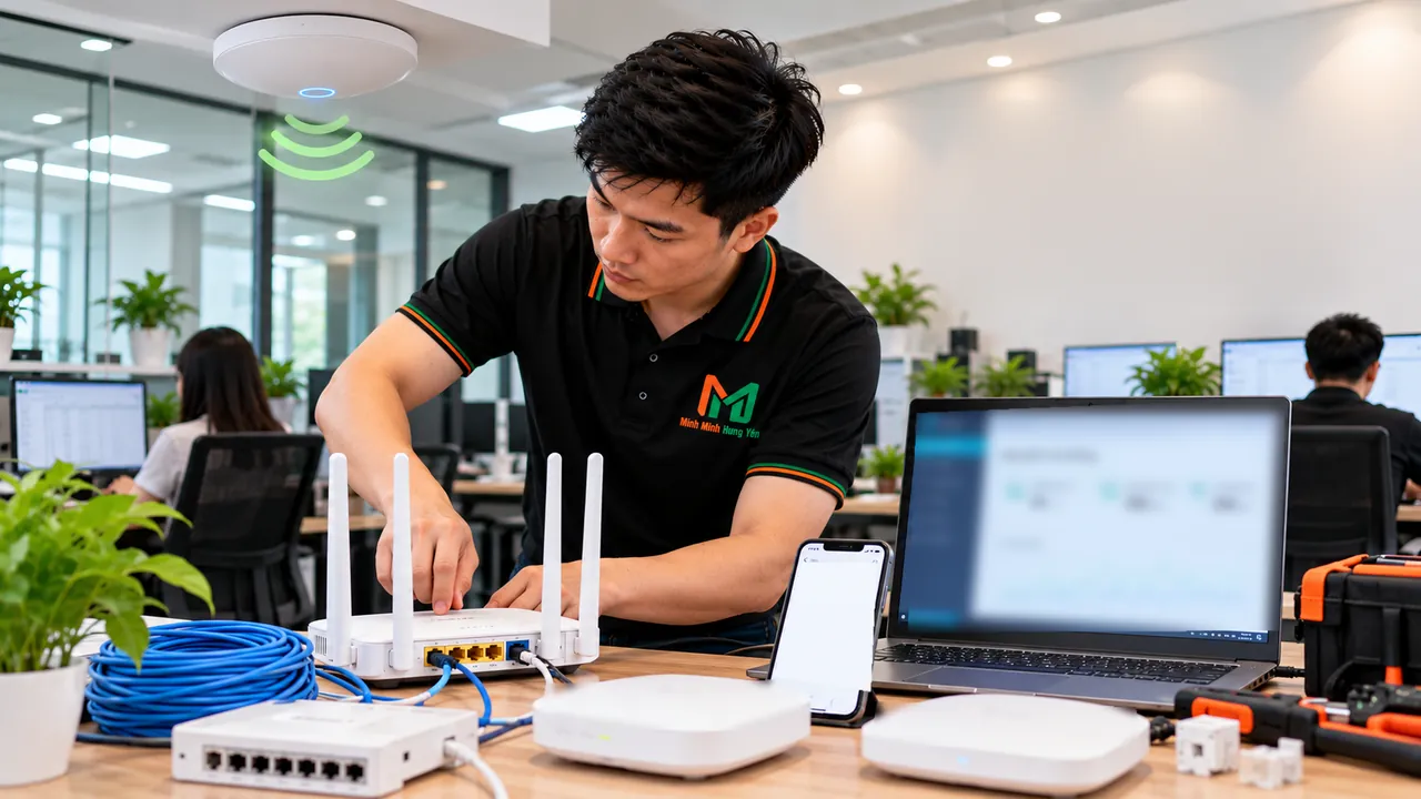 Kỹ thuật viên cắm dây vào router Wi-Fi trên bàn làm việc, bên cạnh laptop và các bộ phát Wi-Fi