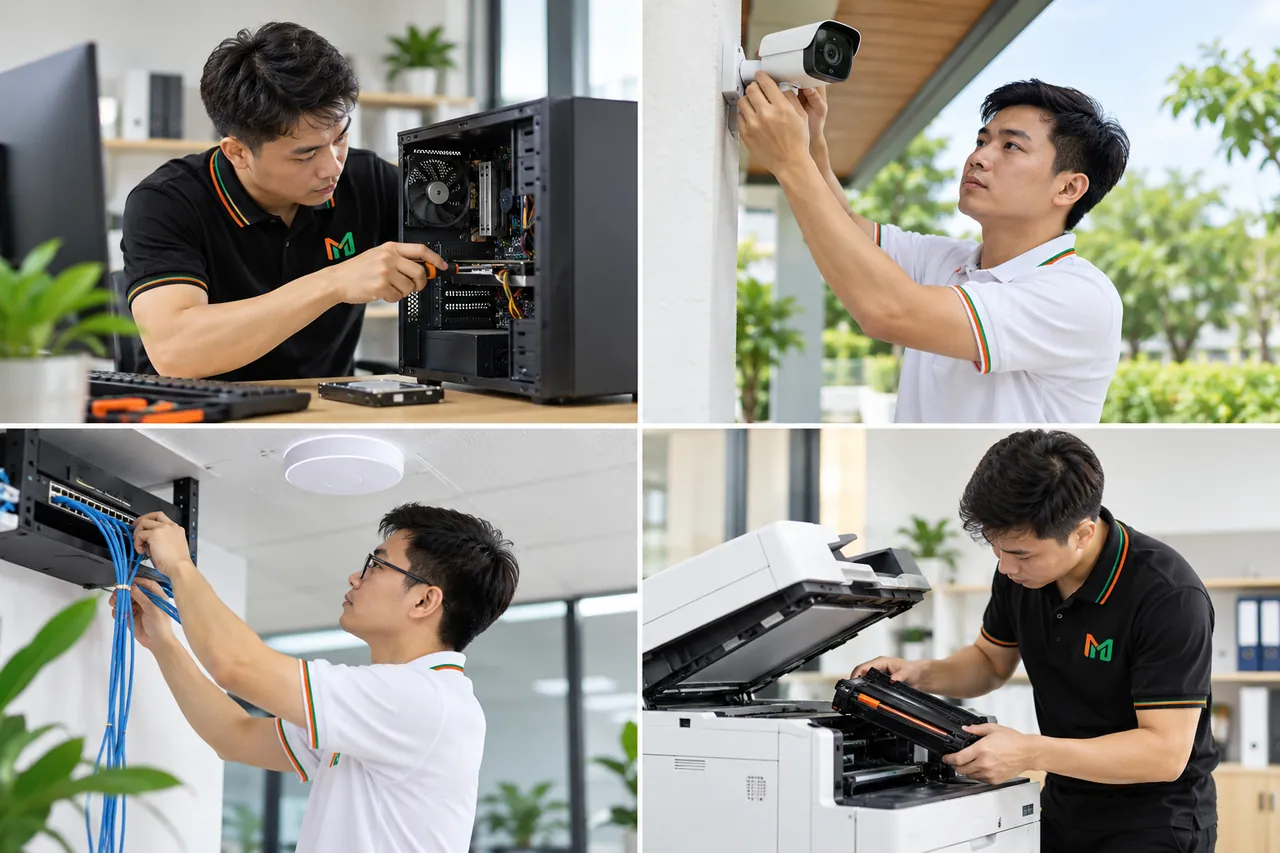 Ảnh ghép bốn kỹ thuật viên sửa máy tính, lắp camera, đấu dây mạng và thay hộp mực máy in