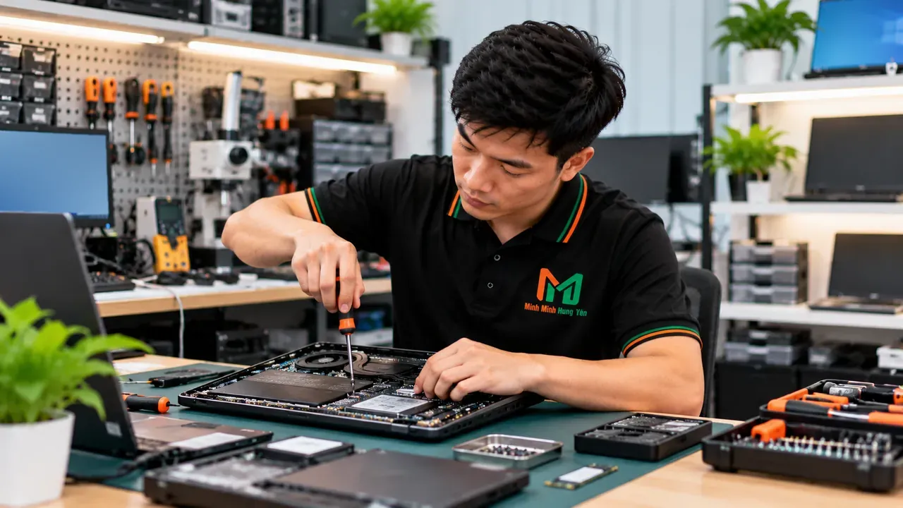 Kỹ thuật viên áo polo đen tháo vít bên trong laptop đã mở nắp đáy trên tấm thảm sửa chữa