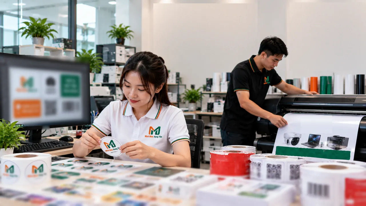Nhân viên kiểm tra tem nhãn mẫu tại bàn thiết kế, phía sau kỹ thuật viên kéo bản in từ máy in khổ lớn