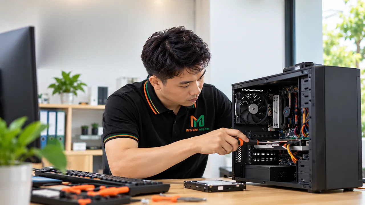 Kỹ thuật viên áo polo đen dùng tua vít kiểm tra bên trong thùng máy tính để bàn đang mở nắp