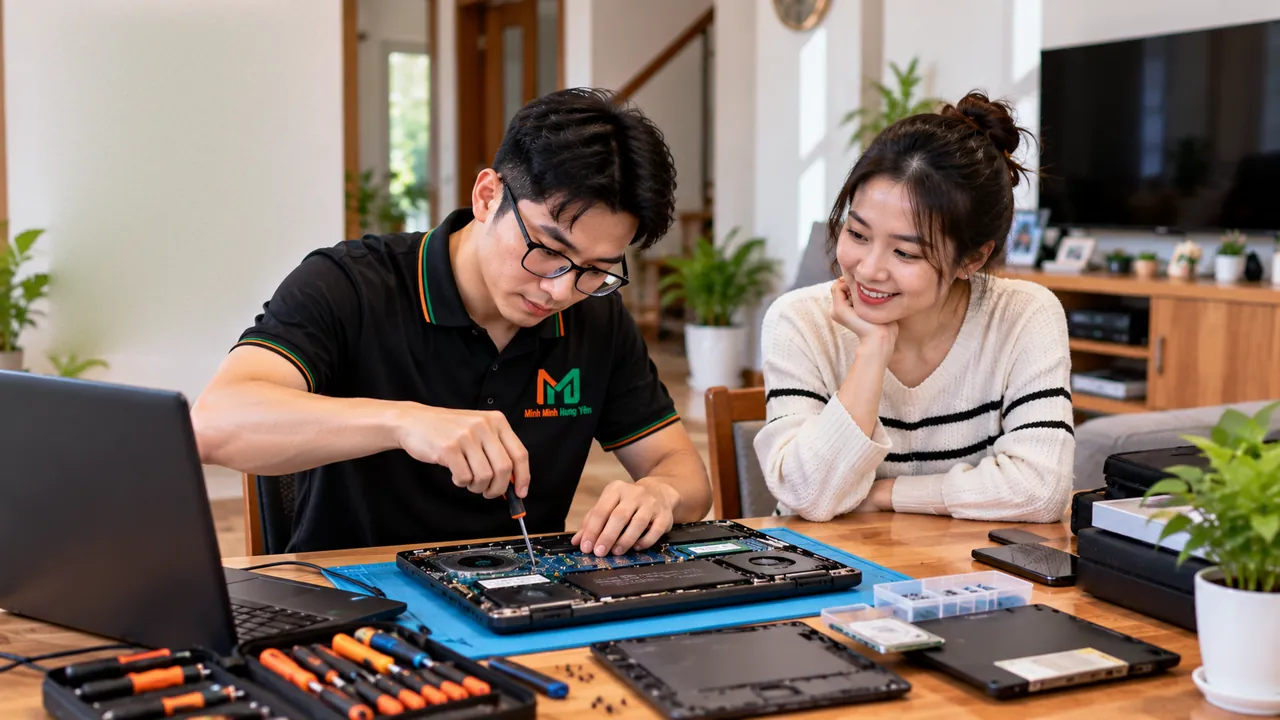 Kỹ thuật viên mặc áo polo đen tháo nắp đáy laptop trên bàn gỗ, chủ nhà ngồi bên cạnh theo dõi