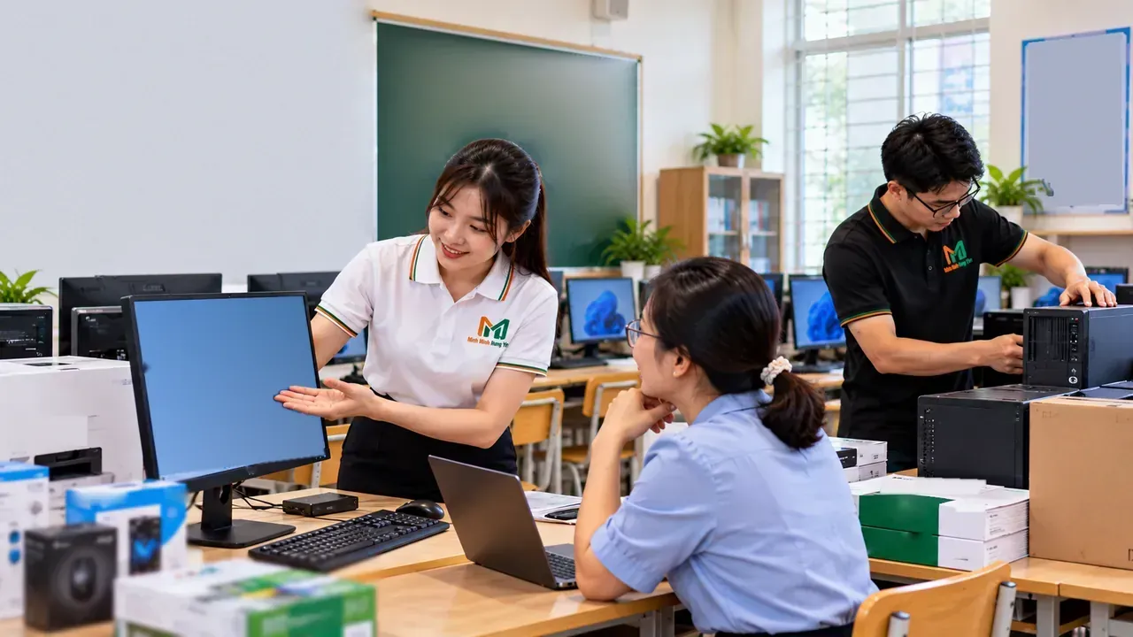 Nhân viên tư vấn giới thiệu màn hình máy tính cho giáo viên trong phòng máy, bên cạnh các hộp thiết bị mới