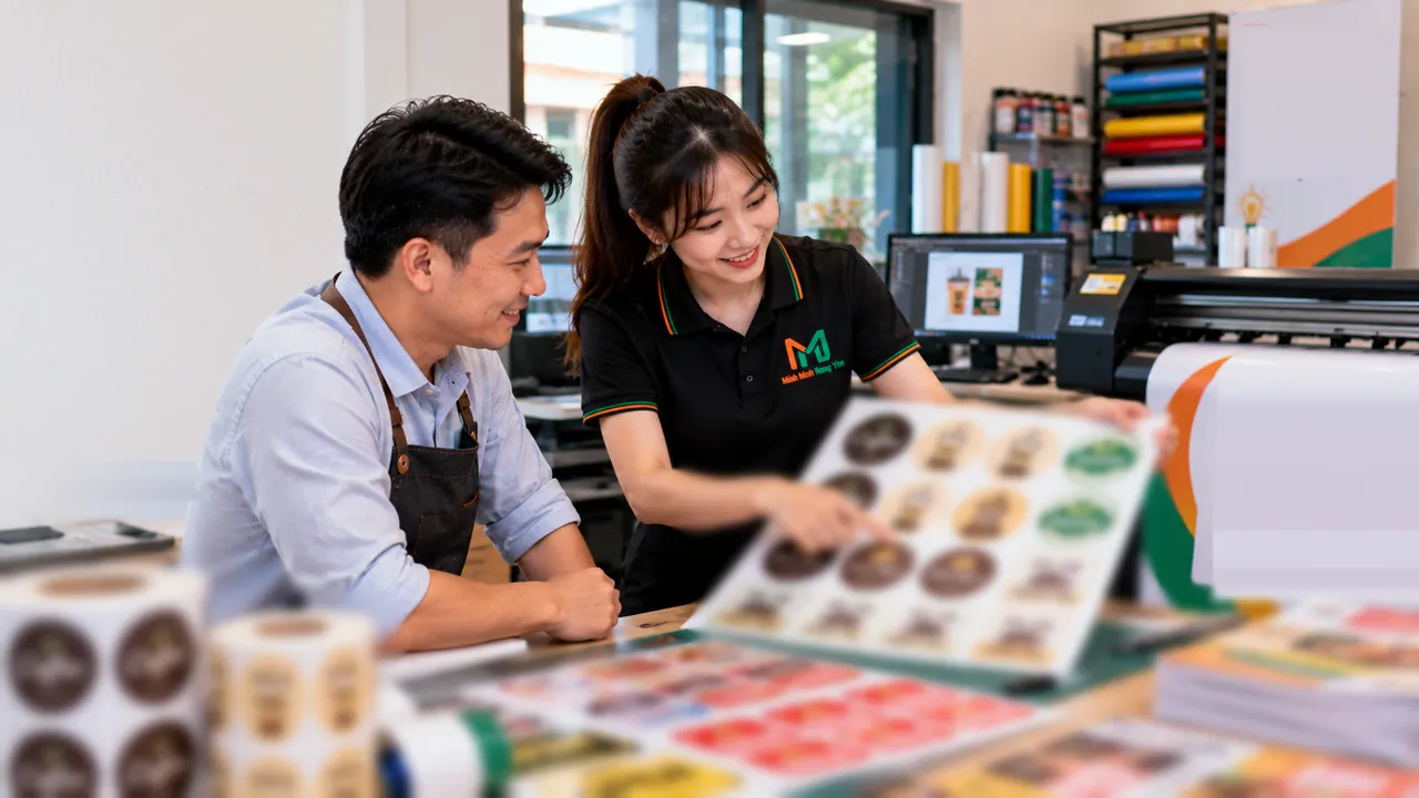 Nhân viên áo polo đen chỉ vào tờ tem nhãn mẫu, trao đổi với người đàn ông đeo tạp dề bên bàn làm việc