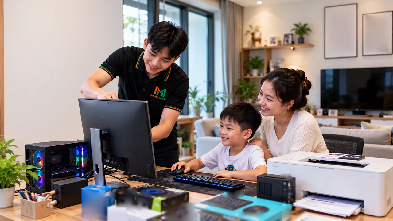 Kỹ thuật viên áo polo đen hướng dẫn một cậu bé dùng máy tính để bàn, mẹ ngồi bên cạnh