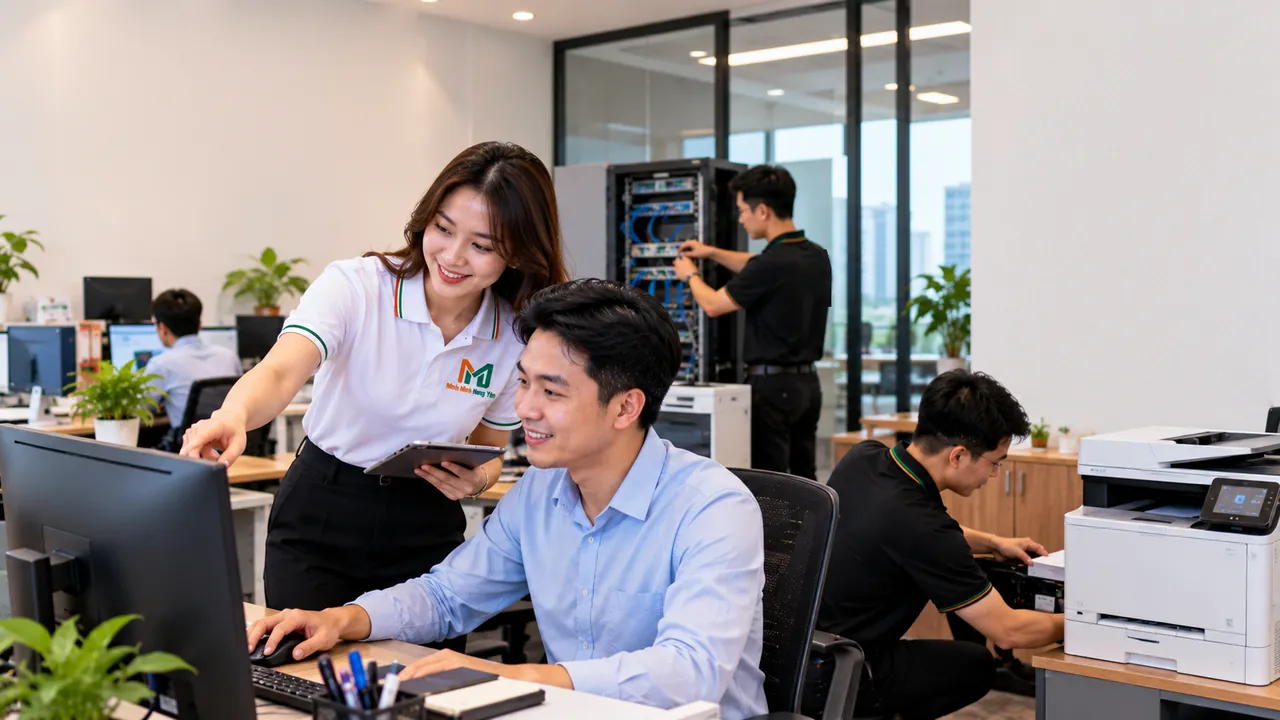 Nhân viên hỗ trợ người dùng tại máy tính trong văn phòng, phía sau kỹ thuật viên thao tác ở tủ mạng