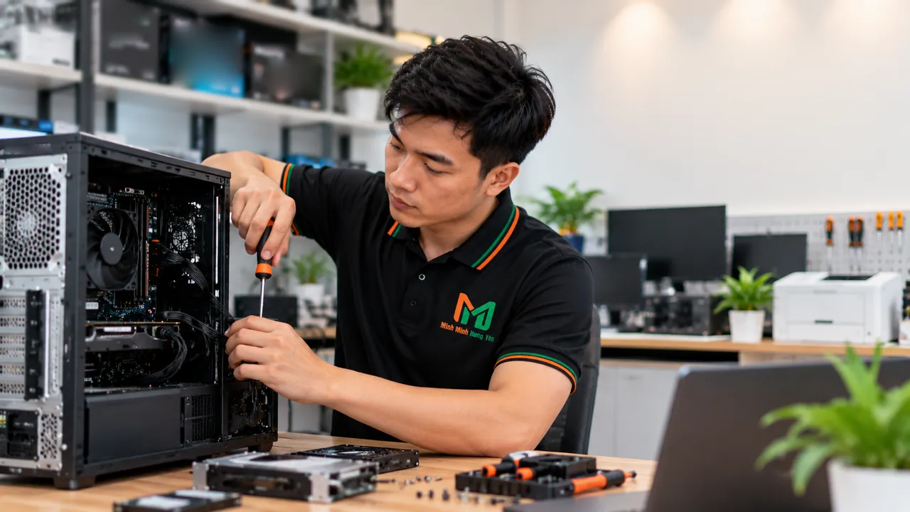 Kỹ thuật viên áo polo đen dùng tua vít tháo linh kiện bên trong thùng máy tính để bàn