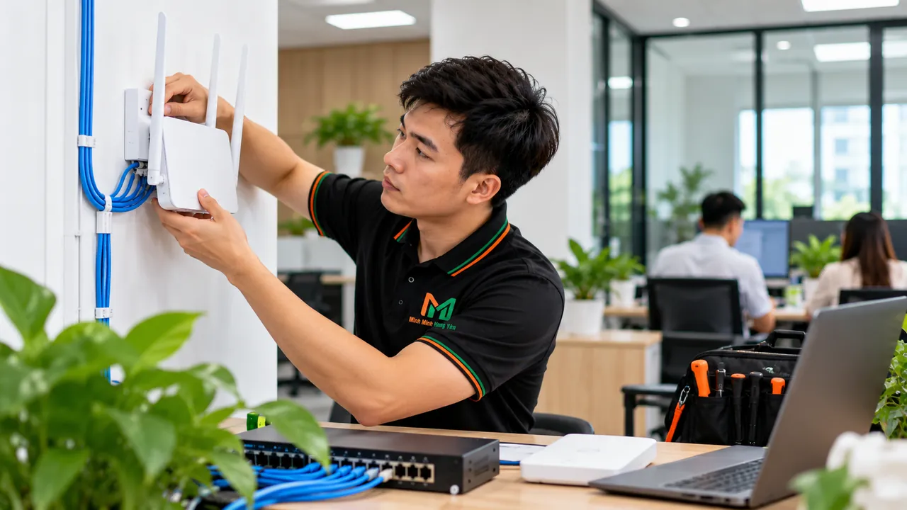 Kỹ thuật viên gắn router Wi-Fi lên tường văn phòng, dây mạng đi gọn trong máng dọc tường