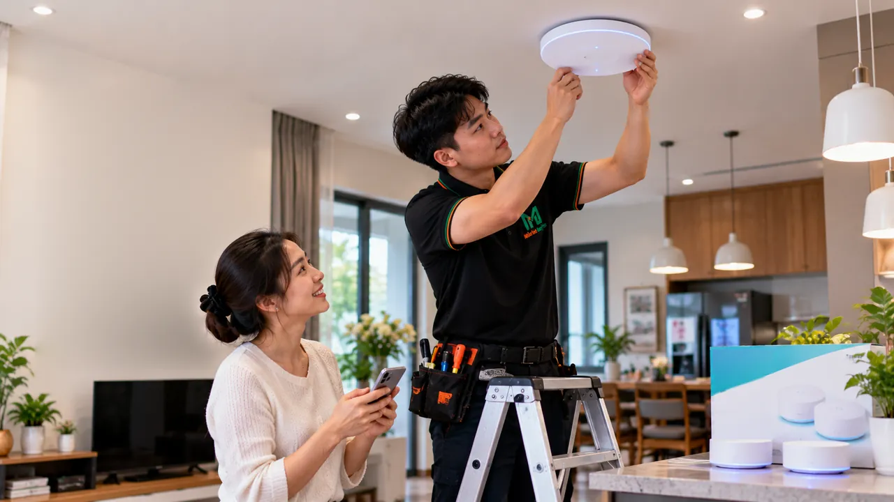 Kỹ thuật viên áo polo đen đứng trên thang gắn bộ phát Wi-Fi ốp trần trong phòng khách, chủ nhà kiểm tra sóng bằng điện thoại