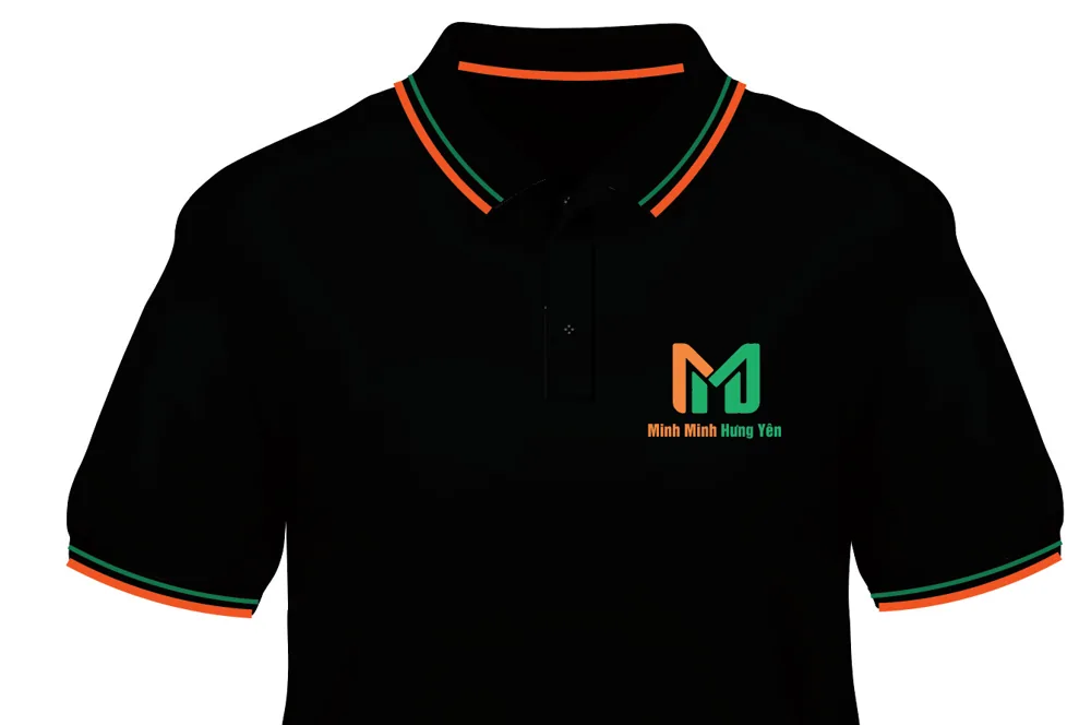 Thiết kế áo polo đen có logo Minh Minh Hưng Yên, viền cổ cam và xanh lá