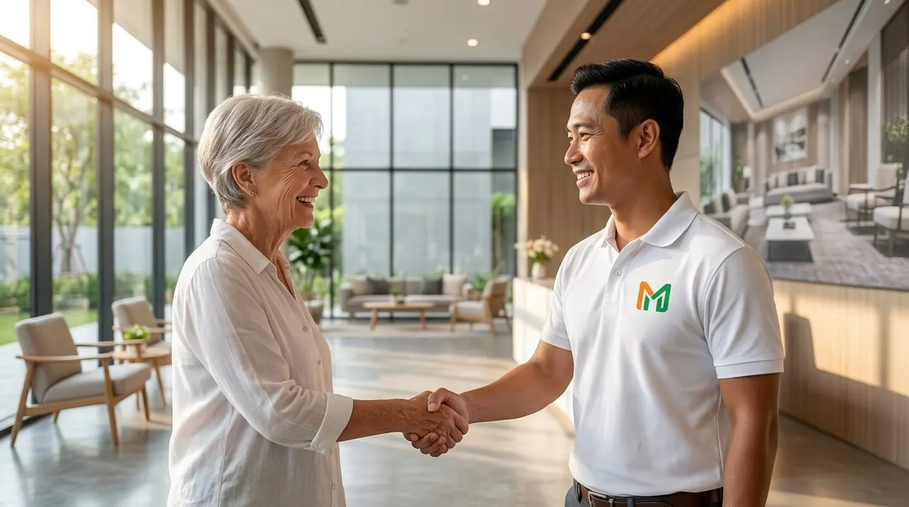 Kỹ thuật viên mặc đồng phục bắt tay khách hàng khi bàn giao