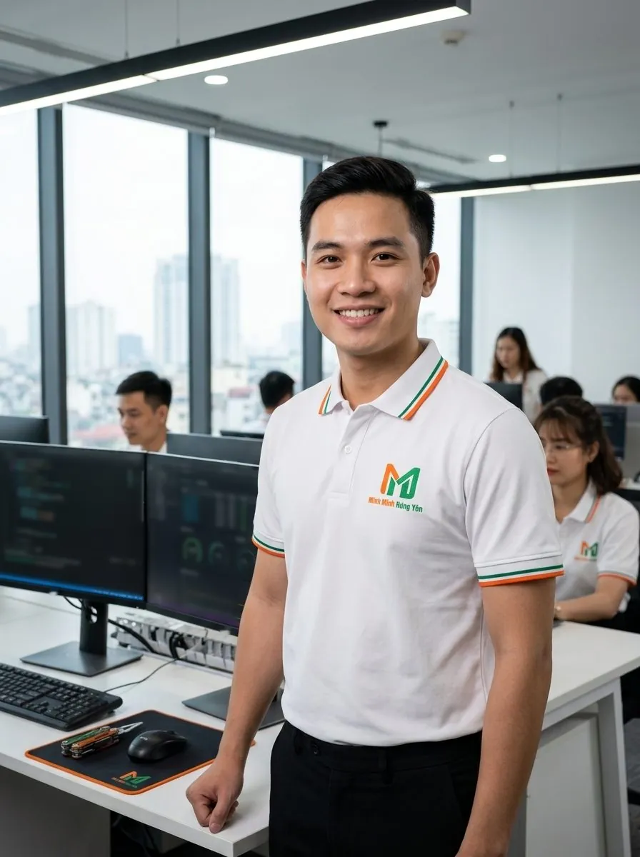 Kỹ thuật viên mặc áo polo trắng có logo Minh Minh Hưng Yên trong văn phòng